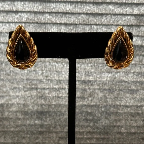 Christian Dior Earrings - Faux Onxy and Gold Tear Drop Shape Earrings - Vtg. 90s
